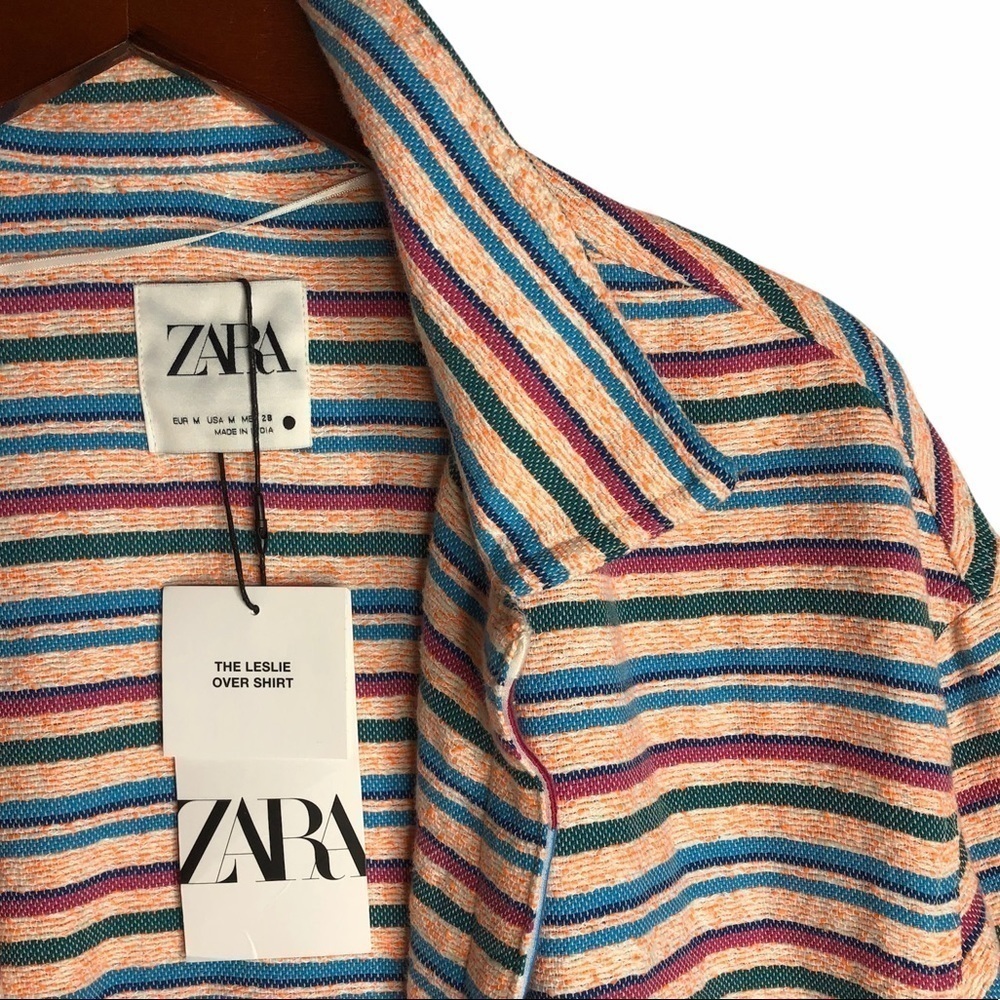 ZARA NWT “Leslie” Striped Shirt Jacket Size Medium in Bright Pink Multi - Picture 9 of 15